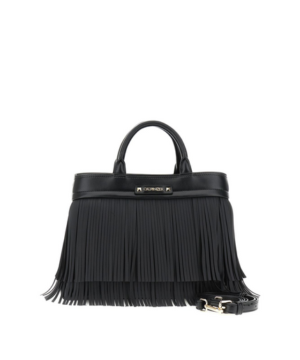 Borsa tote con frange e logo nero