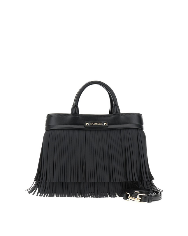 Borsa tote con frange e logo nero
