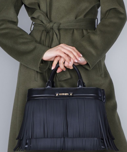 Borsa tote con frange e logo nero