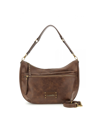 borsa a spalla effetto pelle vintage, tasca con zip frontale marrone