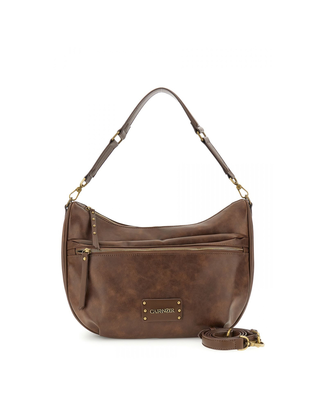 borsa a spalla effetto pelle vintage, tasca con zip frontale marrone