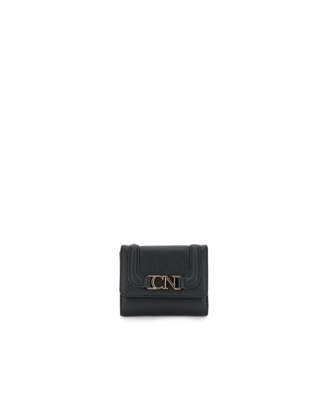 Portafoglio piccolo con pattina con cornice applicata a rilievo e logo nero