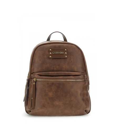 Zaino effetto pelle vintage, tasca con zip frontale marrone