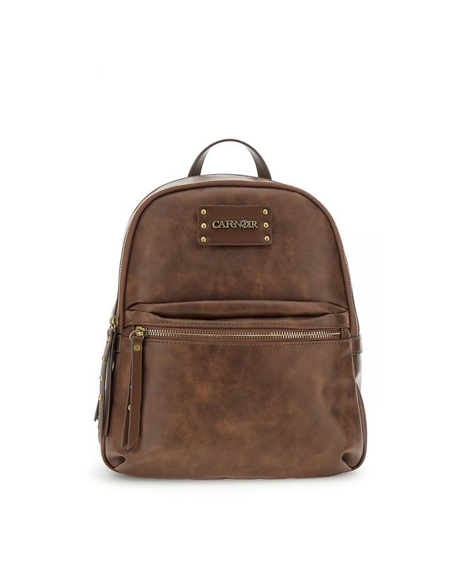 Zaino effetto pelle vintage, tasca con zip frontale marrone
