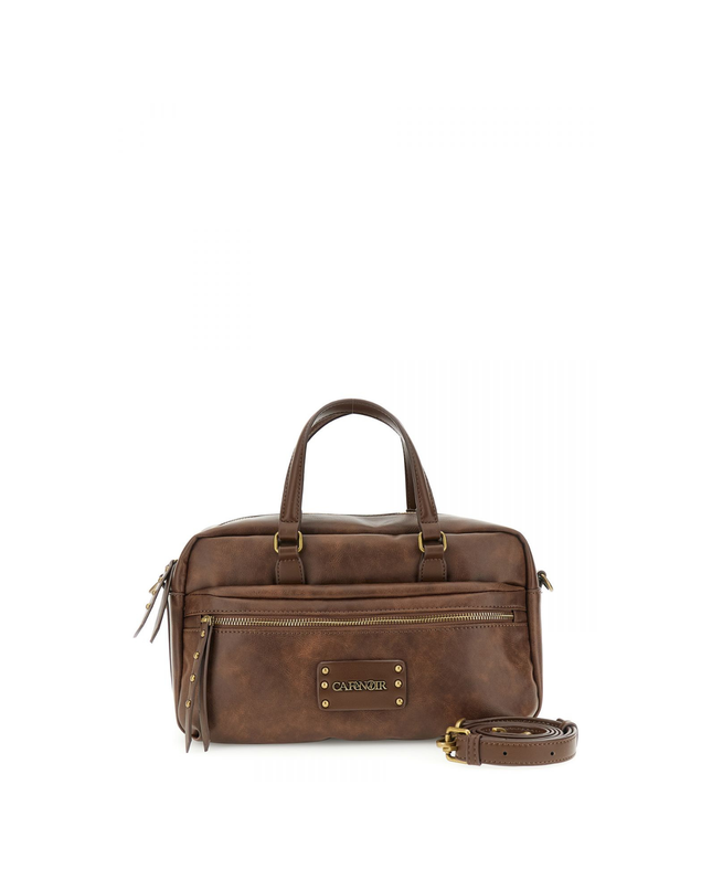 Borsa bauletto effetto pelle vintage, tasca con zip frontale marrone