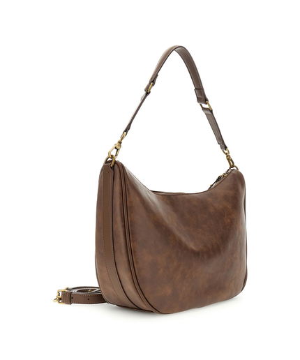 borsa a spalla effetto pelle vintage, tasca con zip frontale marrone