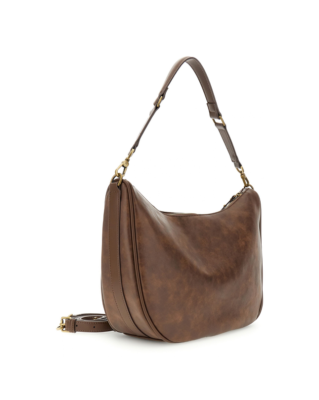 borsa a spalla effetto pelle vintage, tasca con zip frontale marrone