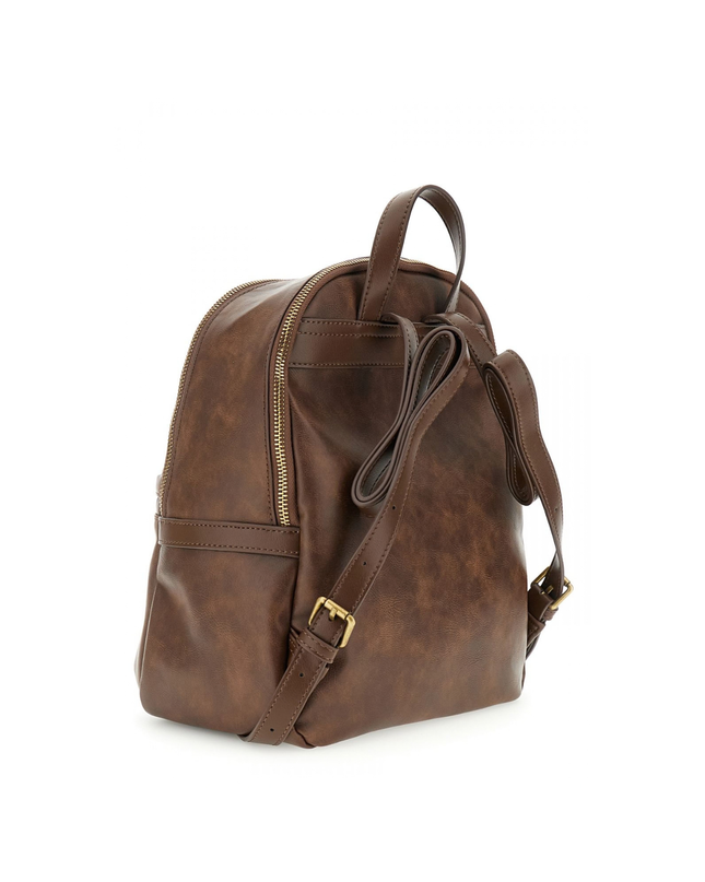 Zaino effetto pelle vintage, tasca con zip frontale marrone