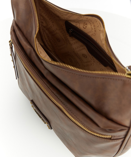 borsa a spalla effetto pelle vintage, tasca con zip frontale marrone