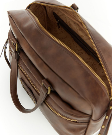 Borsa bauletto effetto pelle vintage, tasca con zip frontale marrone