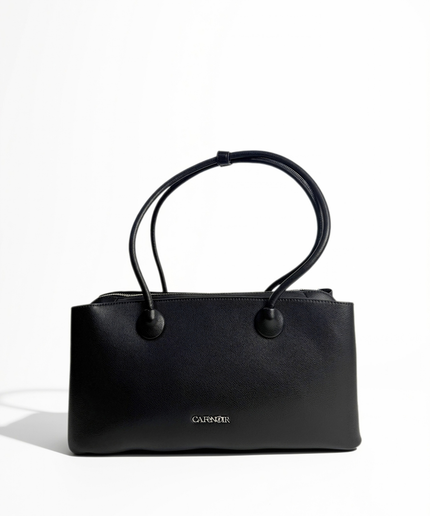 Borsa shopping bag effetto saffiano con manici tubolari e vano centrale