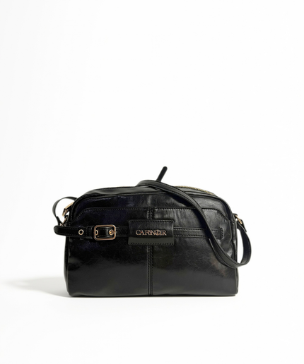 Borsa camera bag effetto pelle lucida nera