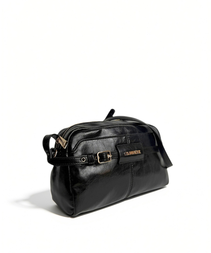 Borsa camera bag effetto pelle lucida nera
