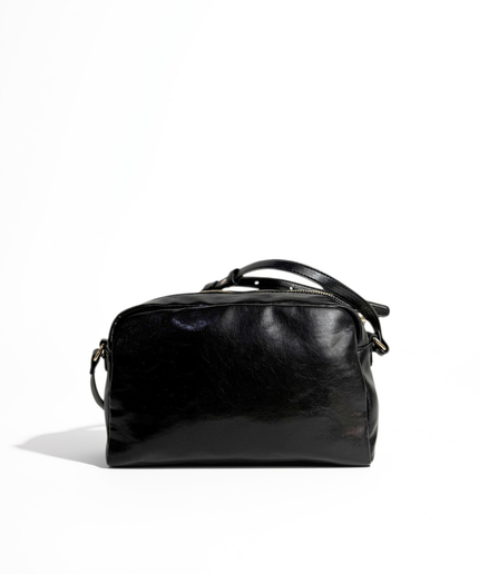 Borsa camera bag effetto pelle lucida nera