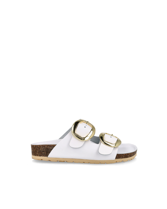 Ciabatta a doppia fascia con fibbie grandi in pelle bianco