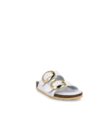 Ciabatta a doppia fascia con fibbie grandi in pelle bianco