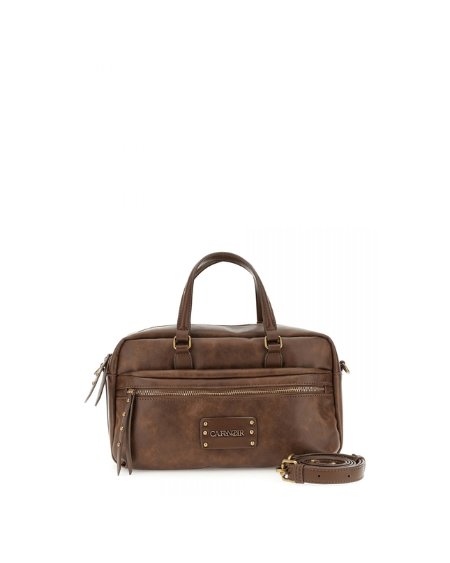 Borsa bauletto effetto pelle vintage, tasca con zip frontale marrone - Piedi Folli