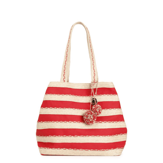 Borsa shopping bag in raffia e canvas, con charm con pompon - Piedi Folli