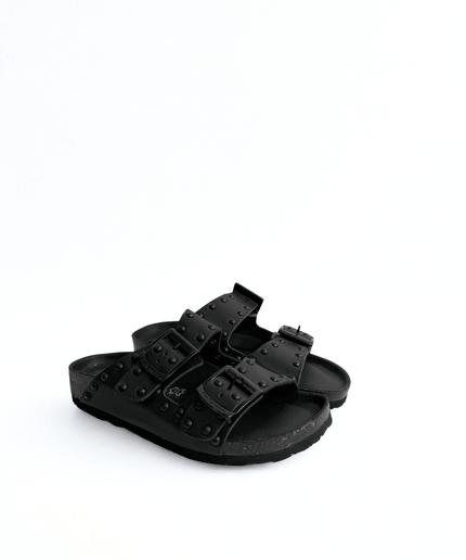 Ciabatta a doppia fascia con borchie in pelle nero - Piedi Folli