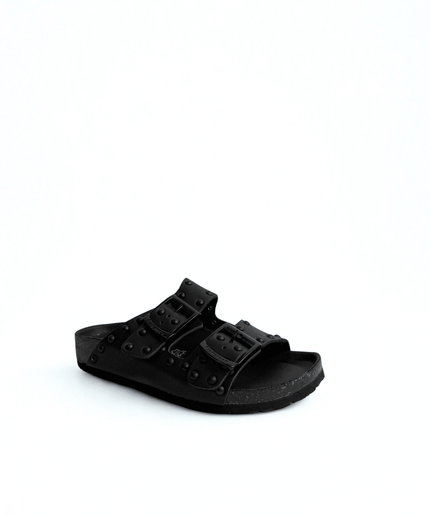 Ciabatta a doppia fascia con borchie in pelle nero - Piedi Folli
