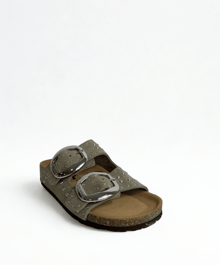 Ciabatta a doppia fascia con borchie in pelle taupe - Piedi Folli