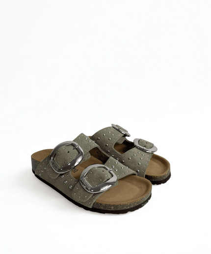Ciabatta a doppia fascia con borchie in pelle taupe - Piedi Folli