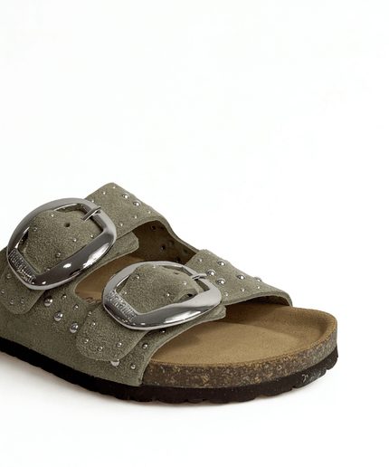 Ciabatta a doppia fascia con borchie in pelle taupe - Piedi Folli