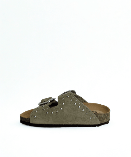 Ciabatta a doppia fascia con borchie in pelle taupe - Piedi Folli
