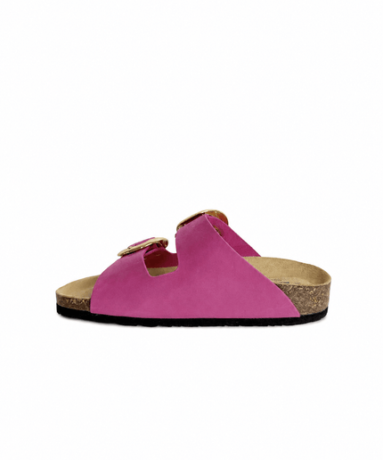 Ciabatta a doppia fascia con fibbie grandi in pelle fuxia - Piedi Folli
