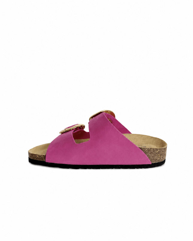 Ciabatta a doppia fascia con fibbie grandi in pelle fuxia - Piedi Folli