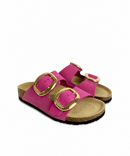 Ciabatta a doppia fascia con fibbie grandi in pelle fuxia - Piedi Folli