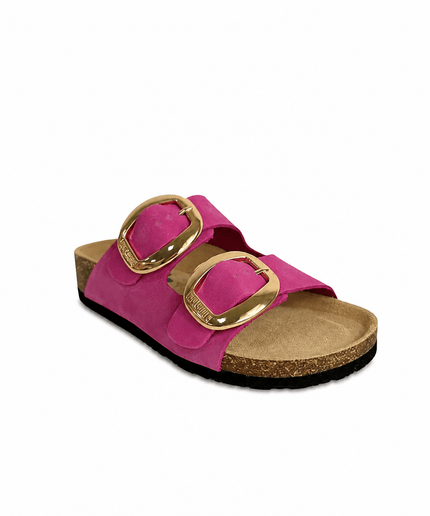 Ciabatta a doppia fascia con fibbie grandi in pelle fuxia - Piedi Folli