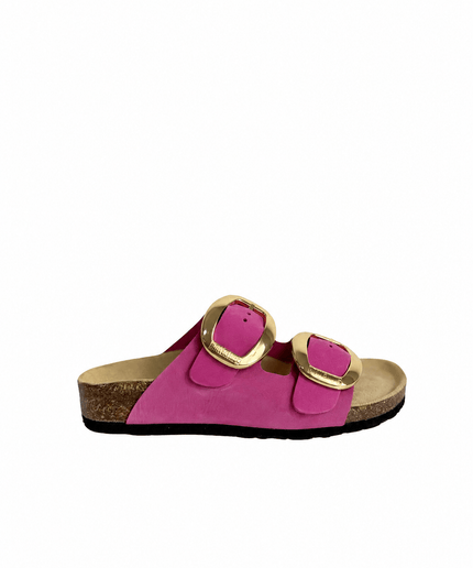 Ciabatta a doppia fascia con fibbie grandi in pelle fuxia - Piedi Folli