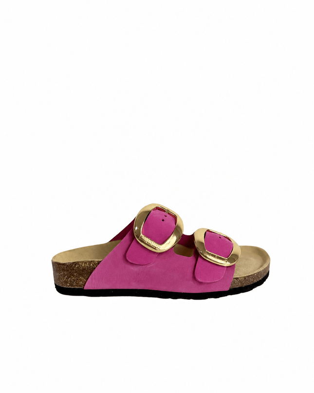 Ciabatta a doppia fascia con fibbie grandi in pelle fuxia - Piedi Folli