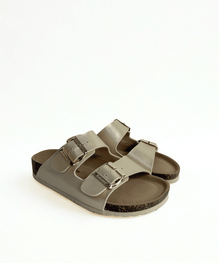 Ciabatta a doppia fascia laminato beige - Piedi Folli