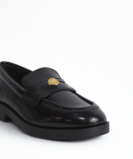 Mocassino nero con logo a moneta oro - Piedi Folli
