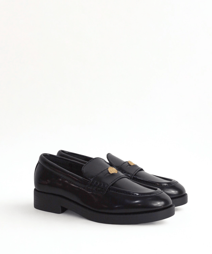 Mocassino nero con logo a moneta oro - Piedi Folli
