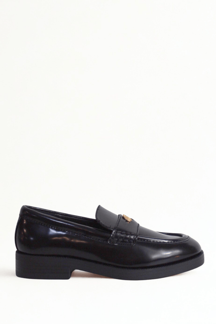 Mocassino nero con logo a moneta oro - Piedi Folli