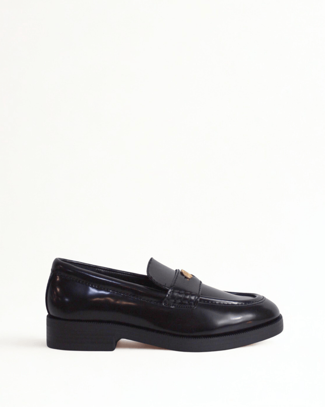 Mocassino nero con logo a moneta oro - Piedi Folli