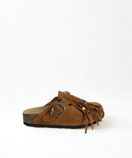 Sabot in pelle con le frange marrone - Piedi Folli