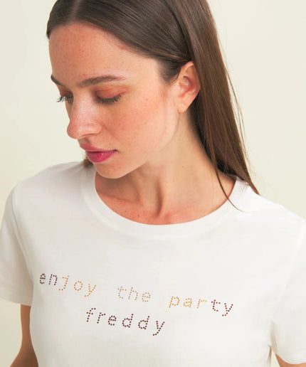 T-shirt con grafica “Enjoy the party” in strass - Piedi Folli