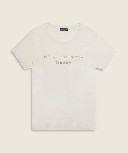 T-shirt con grafica “Enjoy the party” in strass - Piedi Folli