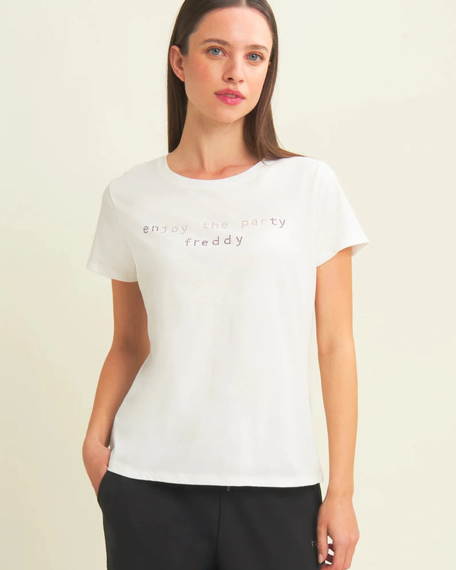 T-shirt con grafica “Enjoy the party” in strass - Piedi Folli