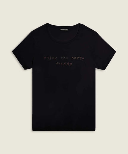 T-shirt con grafica “Enjoy the party” in strass - Piedi Folli