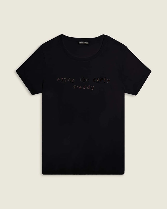 T-shirt con grafica “Enjoy the party” in strass - Piedi Folli