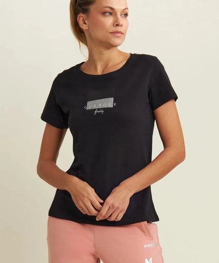 T-shirt con scritta Glamour in glitter - Piedi Folli