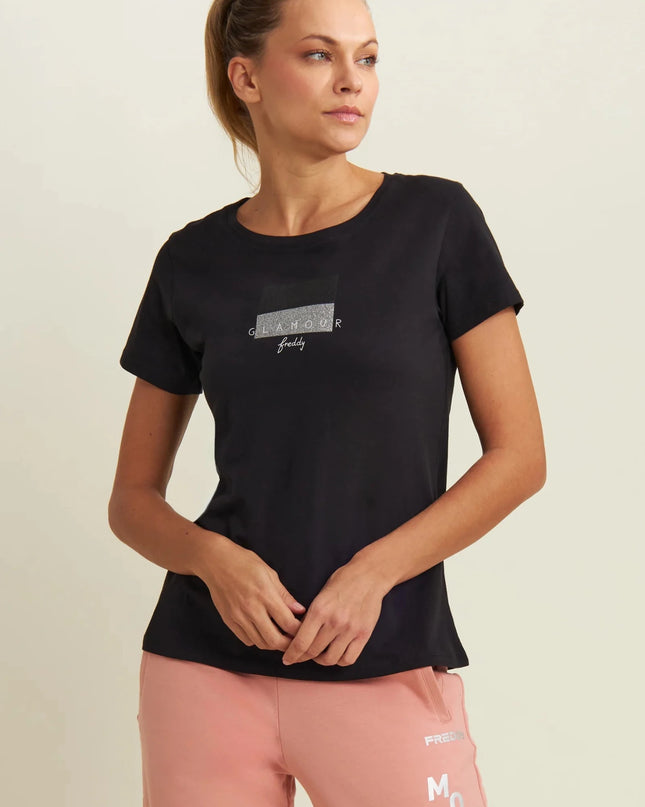 T-shirt con scritta Glamour in glitter - Piedi Folli