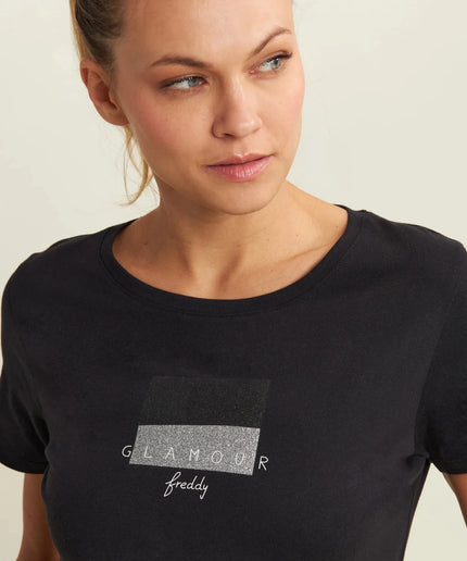 T-shirt con scritta Glamour in glitter - Piedi Folli